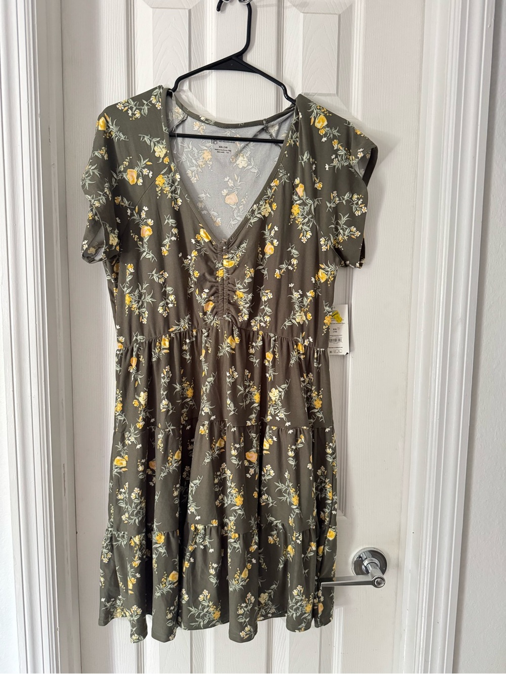 No Boundaries Olive Floral Tiered V-Neck Dress with Yellow Blossoms